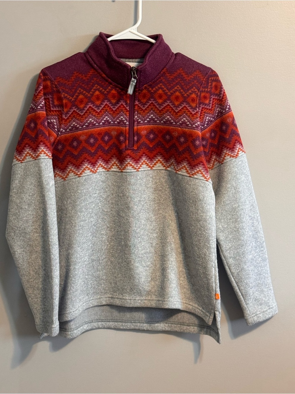 Orvis Women’s M Fair Isle Quarter Zip Fleece Pullover Gray Burgundy Orange